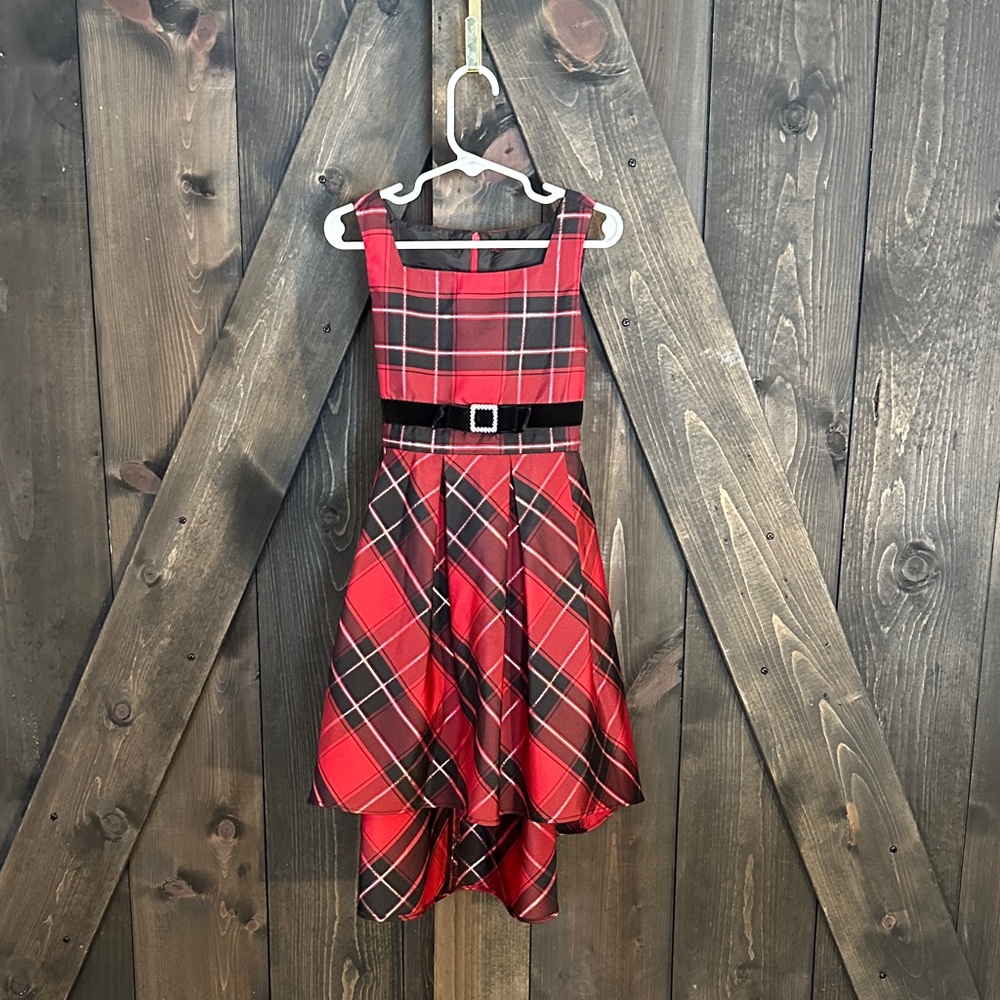 Red Plaid Kids Dress with Belt